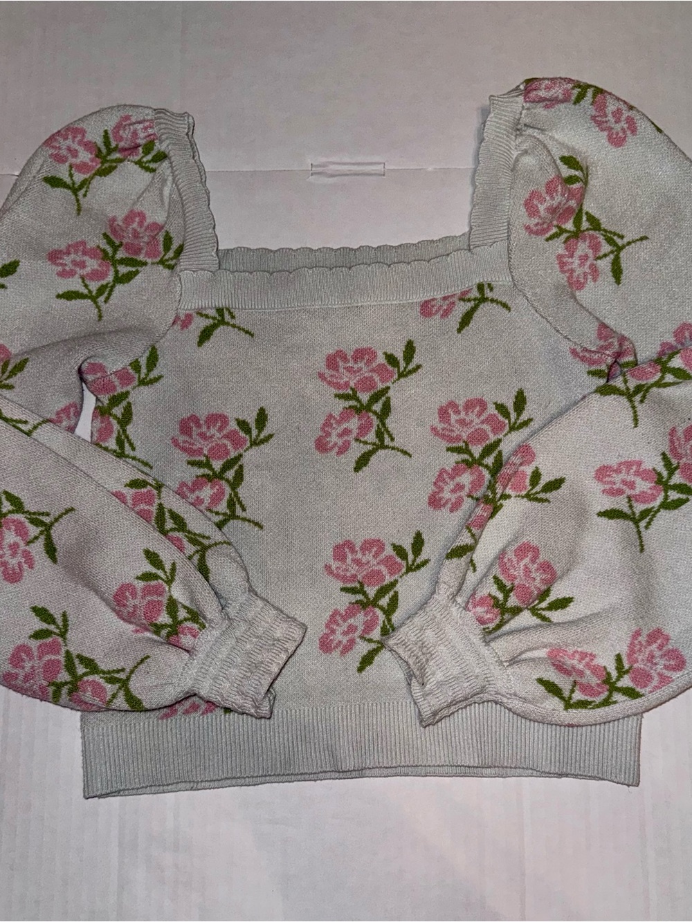 Willow & Wind Pink Floral Knit Sweater Puff Sleeve Size S